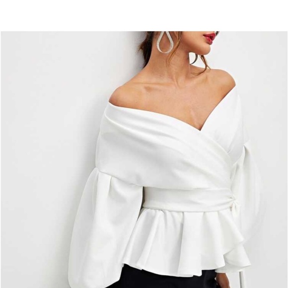 Classic Elegant Luxe Off Shoulder Open Front Self Tie Wrap Top Blouse Shirt - Picture 4 of 5